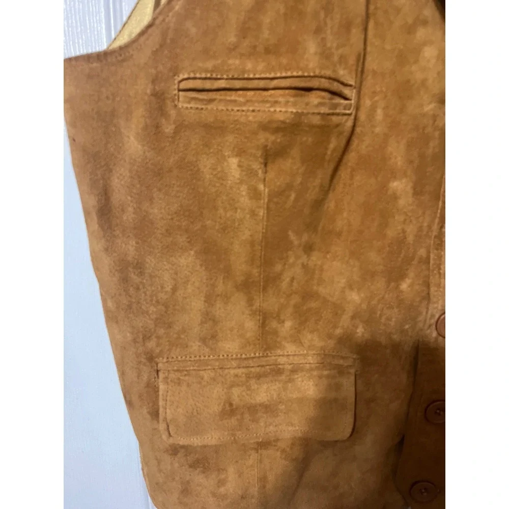 Vintage Leather Mens 2XL Tan Suede Vest Gold Satin Back Western Waistcoat Pocket